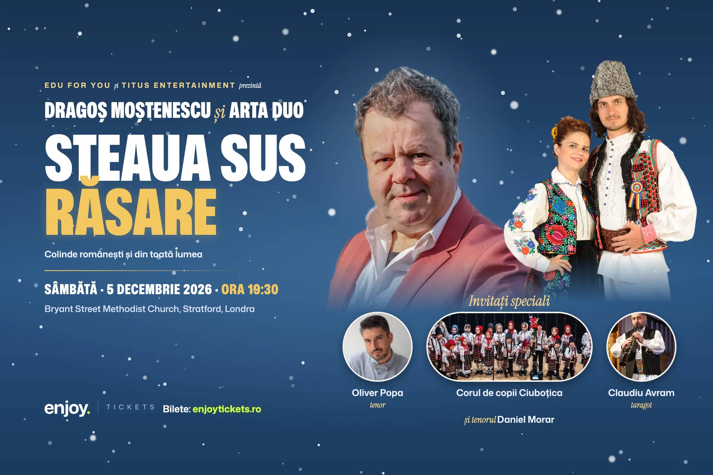 Steaua sus răsare poster: Dragoș Moștenescu and ARTA DUO in Romanian folk costume, Saturday 5 December 2026, Bryant Street Methodist Church, Stratford
